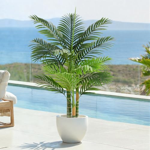 4ft Tall Triple Golden Cane Palm Artificial Tree Large Tropical Palm Tree UV Resistant Fake Plant in Pot for Indoor Outdoor Big House Living Room Outside Patio Office Home Decor 1Pack - size: 4ft