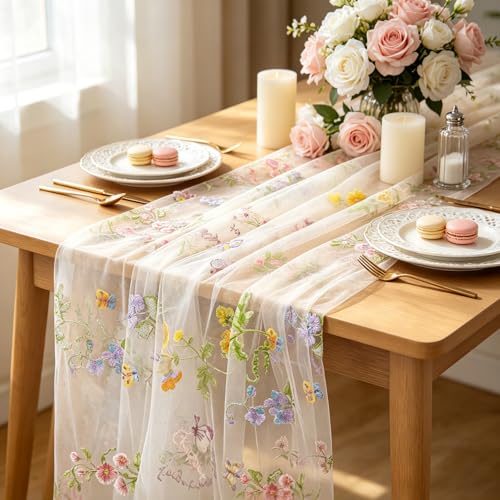 White Floral Table Runner 10ft Embroidery Tulle Spring Wildflower Table Runner Seasonal Summer Butterfly Kitchen Dining Gauze Decoration for Baby Shower Wedding Party Birthday (1 Pcs) - color: White