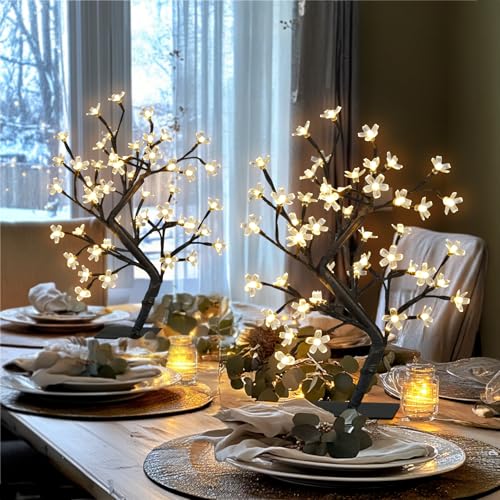 PEIDUO Set of 2 Lighted Cherry Blossom Tree, Light up Bonsai Tree for Christmas Decorations, Warm White Lights Plug in Adapter, Tabletop Night Light Artificial Tree for Indoor Bedroom Living Room - style: 2PK Cherry Blossom Tree