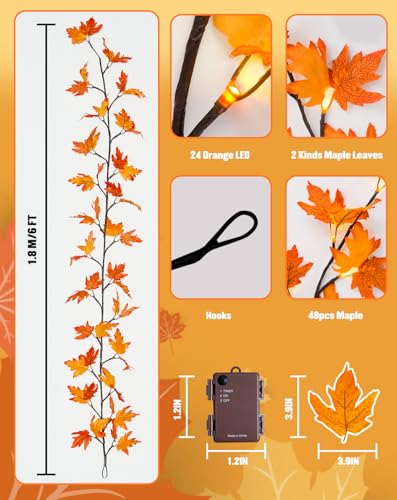 JMEXSUSS 6FT Fall Garland with Lights for Thanksgiving, Fall Decor for Room Fireplace Mantel, 24 Orange LED Maple Fall Lights Battery for Table Home Wall Thanksgiving Party Decoration - color: Maple Leaf
