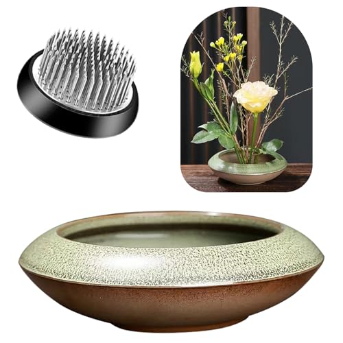 Ikebana Vase Kit Ceramic Flower Frog Vase with Stainless Kenzan Japanese Ikebana Flower Arrangement Pot for Floral Displays Moss & Hydroponic Plants Zen Decor Gift (Green Small Size) - color: Green Small Size