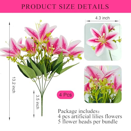 4 Bundles Artificial Tiger Lily Silk Flowers Faux Fake Lilies Plants for Wedding Bouquet Home Party Indoor Table Hotel Office Vases Floral Arrangements Outdoor Garden Decor (Rose Red) - color: Rose Red