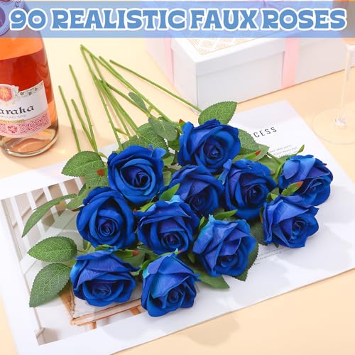 90 Pcs Royal Blue Velvet Rose Artificial Flowers with Long Stems, Fake Silk Roses Real Touch Fake Roses Florals for Birthday Wedding Bouquet Party Arrangement Decorations - color: Royal Blue