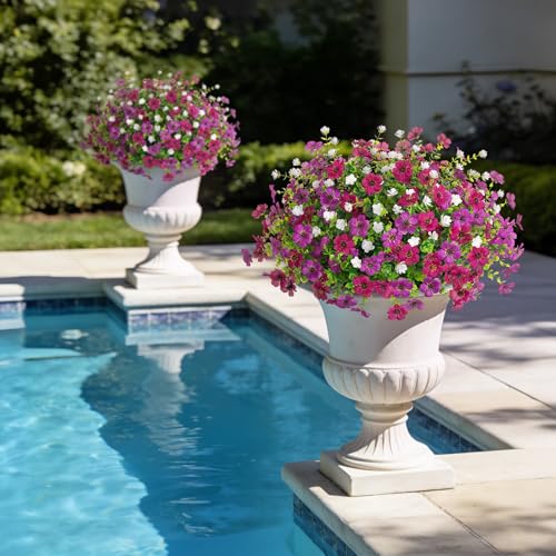 Ammyoo Artificial Flowers for Outdoors Spring Decoration, 12 Bundles Fake Flower Daisy with Realistic Eucalyptus Leaves, Faux Plants for Greenery Boxwood Porch Patio Garden Pot Lawn - color: Purple Purple-red White-boxwood