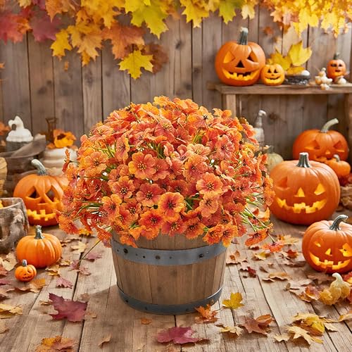 16 Bundles Artificial Mums Flowers for Outdorors, UV Protected No Fade Fall Flower for Porch Display Patio Garden Decor Autumn Thankgiving Halloween Decorations (Orange) - color: C - Orange