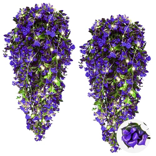 RECUTMS 2Pcs Artificial Hanging Plants Fake Hanging Plants Outdoor Greenery Artificial Hanging Flower for Outdoors Hanging Basket Home Garden Wedding Party Decorations (Lights Purple-Rose) - color: Lights Purple-rose