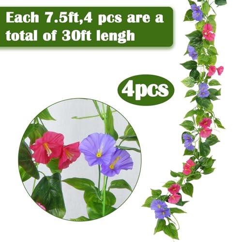 GTIDEA 4Pcs Fake Vines 30Feet Artificial Hanging Morning Glory Flower Garland Mixed Color Faux Vines for Outdoors for Wall Fence Indoor Wedding Decor - color: Purple & Red-4pcs