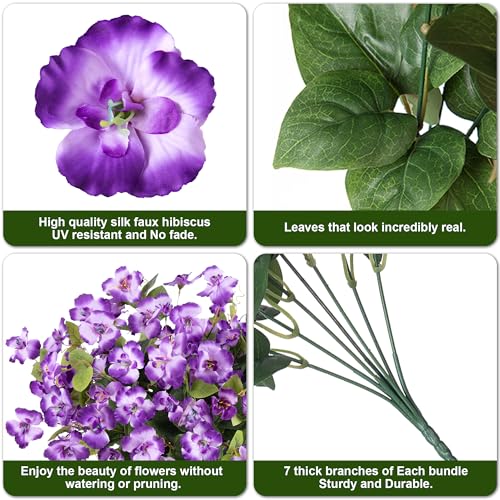 Fake Hibiscus Artificial Flowers for Outdoors Spring Summer Decoration, 6 Bundles Silk Purple Hibiscus Flowers Bouquet UV Resistant Look Real Faux Plants for Outside Planter Front Door Porch Balcony - color: Purple