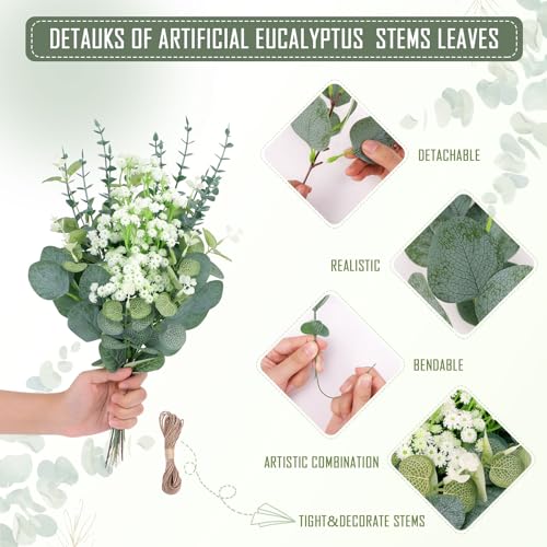 200 Pcs 4 Kinds Artificial Eucalyptus Greenery Stems Bulk | Fake Silver Dollar Leaves with Babys Breath Greenery, Faux Plants for Centerpieces Wedding Bouquet DIY Home Decor - size: 200 Pcs