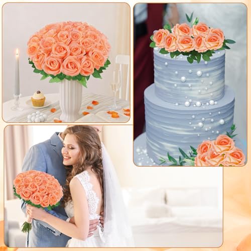 36 Pcs Peach Pink Artificial Roses with Long Stems, Fake Silk Rose Artificial Flowers Bulk for Bridal Wedding Bouquet Centerpiece Ball Arrangement Party Decor - color: Peach Pink