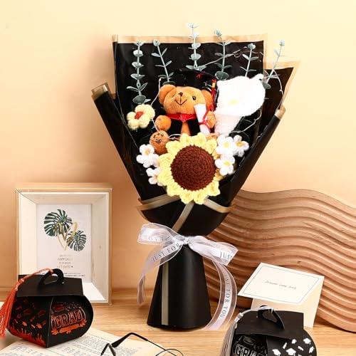 HyDren Graduation Gifts Large Graduation Crochet Flower Bouquet with Bear Sunflower Daisy Card Knitted Flower Bouquet Decorations Crochet Grad Bear CLAS of 2026 Gifts 14.95 x 11.81 Inch