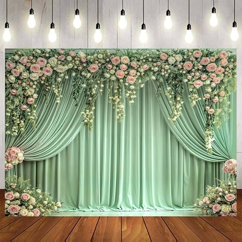 5 x 3 ft Sage Green Floral Backdrop Spring Rose Wall Background Pink Flowers Backdrops Tea Party Backdrop Floral Girls Birthday Weeding Valentine's Day Mother's Day Event Banner Photo Props - color: Green, size: 5X3FT