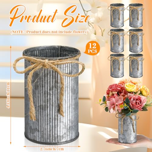 Rustic Vase for Table Centerpieces 4.33 Inch Small Petite Flower Vase with Twine Bow Vintage Farmhouse Decor for Wedding Reception Dining, Home Galvanized Metal Buckets(Iron Color,12 Pcs) - color: Iron Color