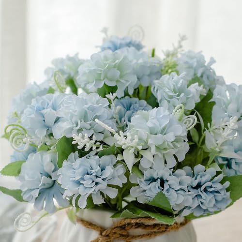 TKAS Fake Flowers Arrangement in Ceramic Vase, Artificial Faux Silk Hydrangea, Small Realistic Dried-Style Floral, Dining Table Centerpiece for Wedding Party Home Decoration (Blue) - color: Blue