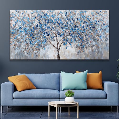 Large Wall Art For Living Room Blue White Tree Leaves Artwork Decor Modern Wall Art For Office Bedroom Kitchen Canvas Prints Decor Ready To Hang 29x58 Inch - color: White Blue, size: 58"L x 29"W