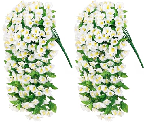 Artificial Hanging Flowers for Outdoors, 2 Pack White Silk Morning Glory Fake Flowers UV Resistant Faux Petunias Hanging Artificial Plants Trailing Vines for Home Garden Spring Summer Planter Decor - color: White