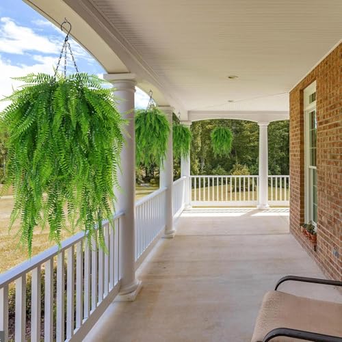 Artificial Hanging Ferns for Outdoors UV Resistant Fake Hanging Ferns with Hanging Baskets 2 Set Boston Ferns Artificial Plants 23.6" Faux Ferns Outdoor Hanging Basket Front Porch Patio Garden Home