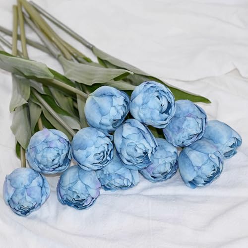 12 Pcs 15 Inch Vintage Blue Silk Faux Tulips for Home Office Decor | Realistic Silk Tulips Artificial Flowers, Multilayer Petals, for Home Office, Floral Arrangements, Table Centerpieces - color: Vintage Blue