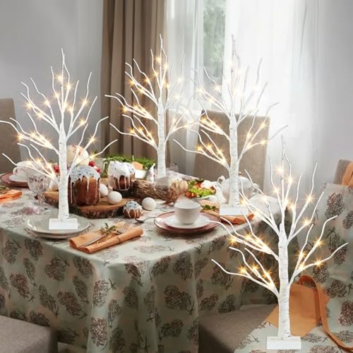 PEIDUO Christmas Decorations for The Home, 2FT BirchTree with LED Lights, Warm White Tree Lamp, Fairy Light Spirit Tree for Room Inside Fireplace Home Decor, Battery Powered, Timer (4PK) - style: 4PK Birch Tree