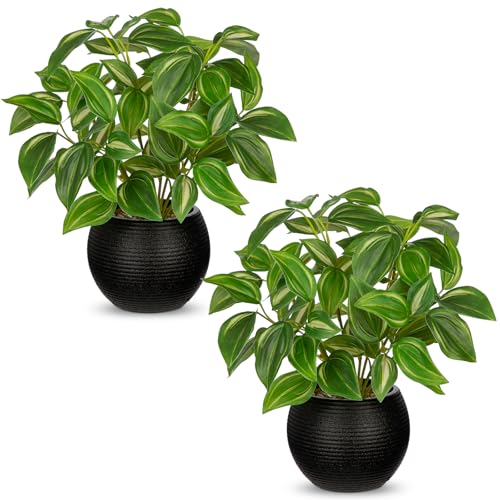 2 Packs Artificial Plants in Black Pot, 12" Faux Plant | Realistic Tradescantia Zebrina Fake Plants Potted Decorative for Home Kitchen Office Desk Bookshelf Decor - color: Pale-green