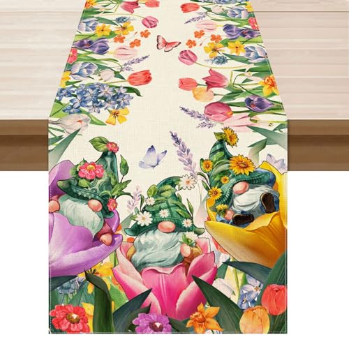 XCHI Tulips Gnomes Flowers Spring Table Runner Summer Table Decoration for Party Home Kitchen Dining Holiday Decor 13x120 Inch - size: 13x120 Inch