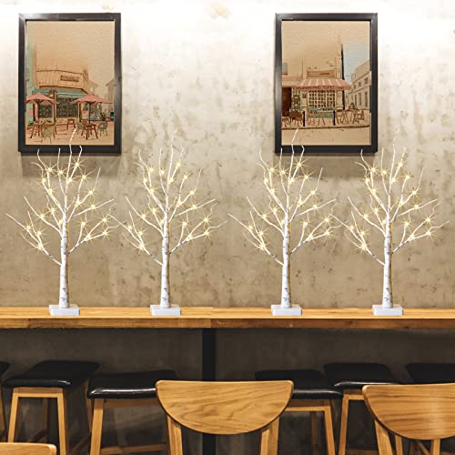 PEIDUO Christmas Decorations for The Home, 2FT BirchTree with LED Lights, Warm White Tree Lamp, Fairy Light Spirit Tree for Room Inside Fireplace Home Decor, Battery Powered, Timer (4PK) - style: 4PK Birch Tree