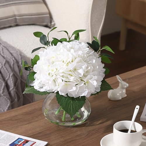 Hydrangea Artificial Flowers in Vase, Set of 7 Silk Faux Hydrangea Fake Flower Arrangements with Glass Vase and Faux Water for Home Decor Wedding Bouquets Table Centerpieces, White - color: Hydrangea Stems With Faux Water, size: White