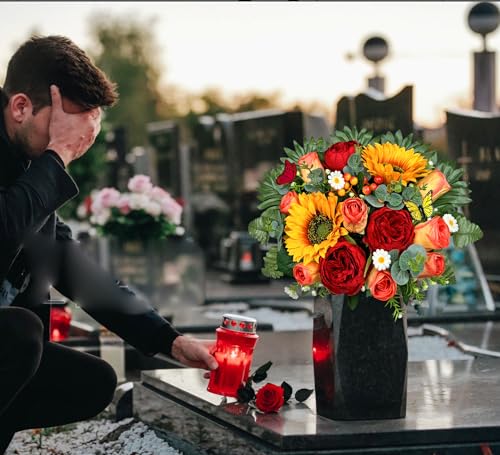 MUVIC Artificial Cemetery Flowers for Outdoor Grave Decorations，Memorial Flower- Realistic Sunflower Rose - Sympathy Bouquet