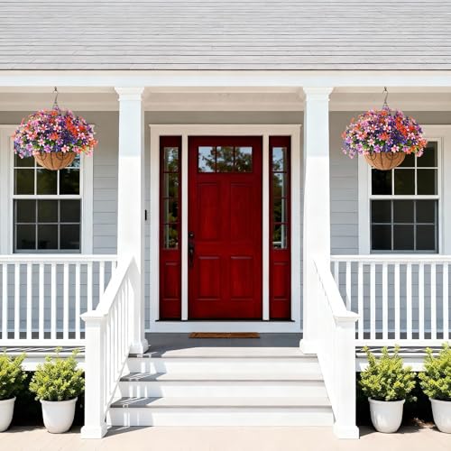 INQCMY Artificial Hanging Flowers for Outdoors, 6 Bundles UV Resistant Artificial Hanging Baskets,All Weather Fake Flowers for Patio, Porch, Yard, Window Box,Home for Spring Summer Decoration. - color: Light Red Purple Red Pink
