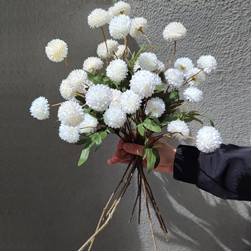 Kinisty 8 Pcs Artificial Flowers White Beige Faux Silk Pompon Mums, 20" Long Stem Fake Chrysanthemum Bouquet for Vase Farmhouse Home Decor, Wedding Centerpiece - color: Beige and White