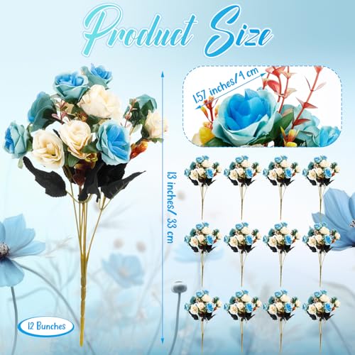 Hotop 12 Bunches of Artificial Flowers Centerpiece 13 Inches Silk Fake Roses Bouquets for Table Decoration Faux Arrangement Flowers for Wedding Cemetery Memorial Day (Light Blue) - color: Light Blue
