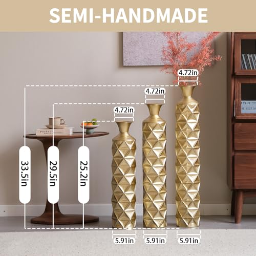 Tall Floor Vases Set of 3 for Decor Living Room Floor, Gold Vases Home Decor, Embossed Body Pattern, 33.5" H/29.5" H/25.2" H Geometric Cylinder (Gold 3) - color: Gold