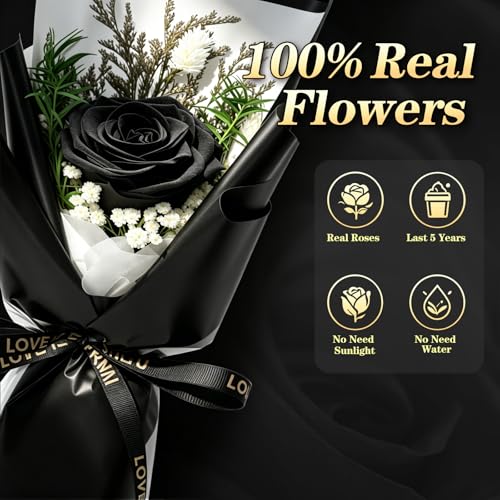 Preserved Flowers for Delivery,Black Rose Bouquet Gift for Women and Mom,Preserved Flowers Bouquet,Birthday Flowers Gifts for Her Grandma Wife Friends,Roses Gift Valentine’s Day Mothers Day - color: Black-bouquet