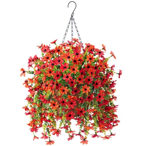 INXUGAO Artificial Hanging Flowers Plants with Basket for Outdoors, Realistic Faux Silk Daisy Flower Eucalyptus for Spring Decor, UV Resistant Fake Plants for Porch Patio Yard Balcony(Red Orange) - color: Z-red Orange