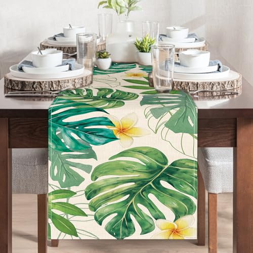 Tropical Plant Monstera Palm Leaves Dining Table Runner, Spring Summer Hawaii Botanical Burlap Kitchen Decoration, Frangipani Flower Indoor Outdoor Home Decor Party Supply 13 x 72 Inches - color: Tropical Plant, size: Table Runner 13''X72''