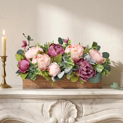 Pre-Made Flower Table Centerpieces for Dining Room Wedding Artificial Peony Table Decorations Wood Tray with Fake Flowers for Living Room Party Bar Kitchen Table(Dusty Mauve & Blush Pink) - color: Dusty Mauve & Blush Pink