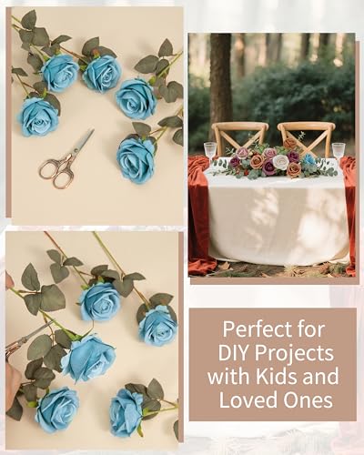 DuHouse 50pcs Artificial Flowers Silk Roses Realistic Fake Flowers for Wedding Decorations, Table Centerpieces, Bridal Bouquets, DIY Floral Arrangements, Party & Home Decor(Blue) - color: Blue