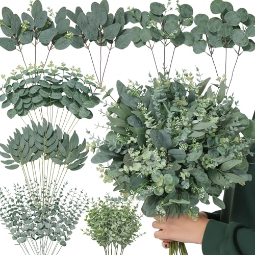 Serwalin 70 Pcs 8 Kinds Mixed Eucalyptus Stems Bulk,Artificial Greenery Silver Dollar Eucalyptus Leaves Picks for Centerpieces Vase DIY Bouquet Arrangement Home Decor - color: Attractive Eucalyptus Leaves Stems