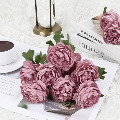 IPOPU 10pcs Dusty Pink Peonies Artificial Flowers Silk Peonies with Stems Real Look Fake Peony for Home Table Decorations Wedding Faux Flowers Arrangements (Dusty Pink) - color: Dusty Pink