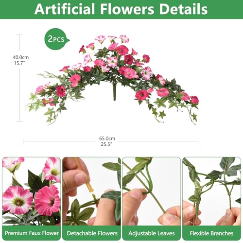Artificial Fake Flowers Hanging Plants for Outdoor Spring Summer Decoration, 2Pcs Faux Petunias Realistic Silk Flower UV Resistant No Fade for Home Outside Garden Balcony Yard Porch Indoor (Rose Red) - color: Rose Red White