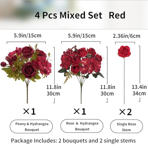 4 Pcs Mixed Artificial Peony Flowers Set-2 Bouquets & 2 Stems, Red Fake Peony Rose Hydrangea Flowers for Vase Silk Floral Arrangements for Table Centerpiece Wedding Party Bridal Decoration Home Decor - color: Red, size: Mixed 4pcs