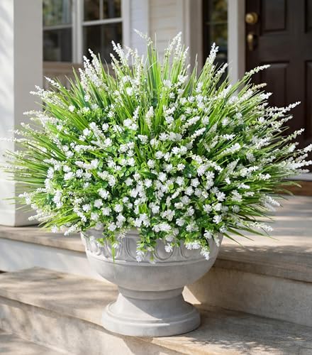 HyeFlora 20 Bundles Artificial Fake Outdoor Plants Flowers for Spring Decoration, UV Resistant Realistic White Plastic Flowers Faux Plant Monkey Grass for Planter Home Garden Porch Patio Window Box - color: 12pcs White Monkey Grass+8pcs White Flowers