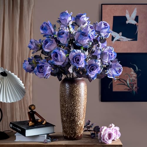 Artificial Flowers Artificial Roses Fake Roses 20PCS Long Stem Artificial Flowers for Tall Vase Silk Rose Suitable for Indoor Decor Wedding Party Decoration DIY Bouquet Autumn,Purple, 23.2In - color: Purple