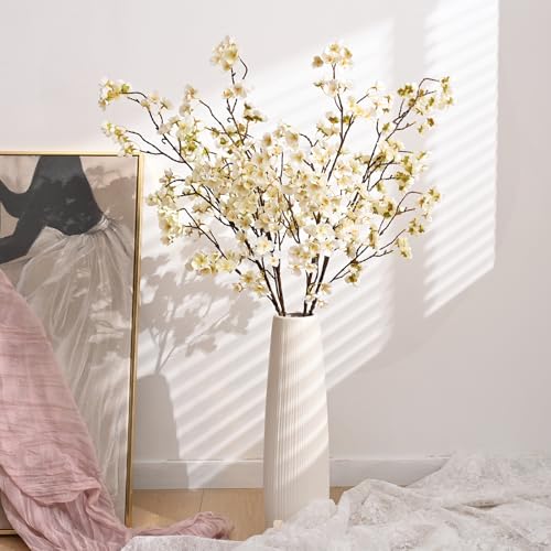 Waipfaru 4 Pcs Cherry Blossom Branches, 40'' Faux Cherry Blossom Tree Stems Decor, Long Stem Artificial Flowers for Tall Vase, Fake Flowers for Spring Home Indoor Outdoor Decoration (White) - color: Beige