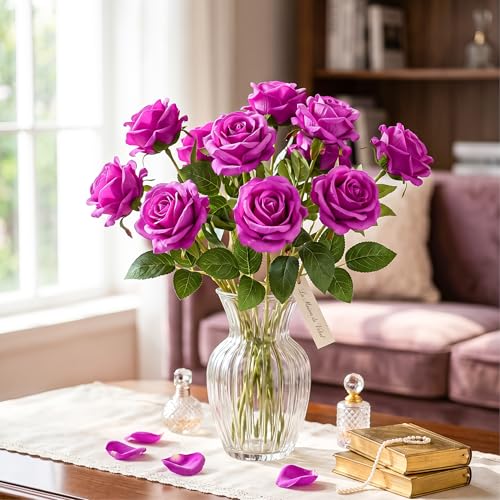 Auihiay 14PCS Magenta Artificial Roses, Realistic Silk Fake Roses Flowers with Long Stem for Valentine's Day Gift, Home Party Table Centerpiece & Wedding Cake Decorations - color: Magenta