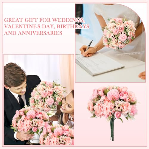Tigeen Peonies Artificial Flowers Faux Roses Silk Flowers Hydrangea Artificial Bouquet for Wedding Table Centerpiece Floral Vase Home Office Bridal Decor(Pink,12 Bundles) - color: Pink