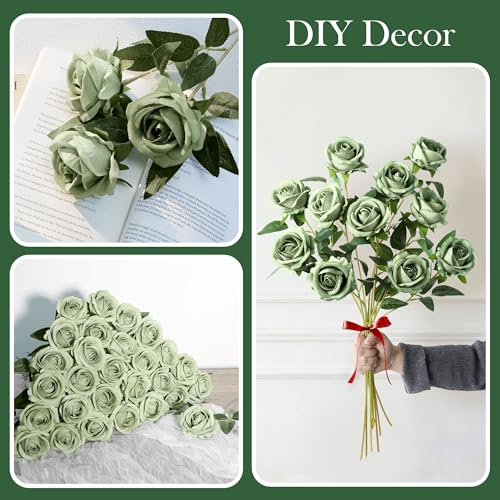 50 PCS Green Roses Artificial Flowers, Real Looking Fake Roses with Long Stems Silk Flowers for DIY Wedding Bouquet Party Celebration Home Bridal Baby Shower Decoration Birthday Gift for Her Wife - color: Eif Green