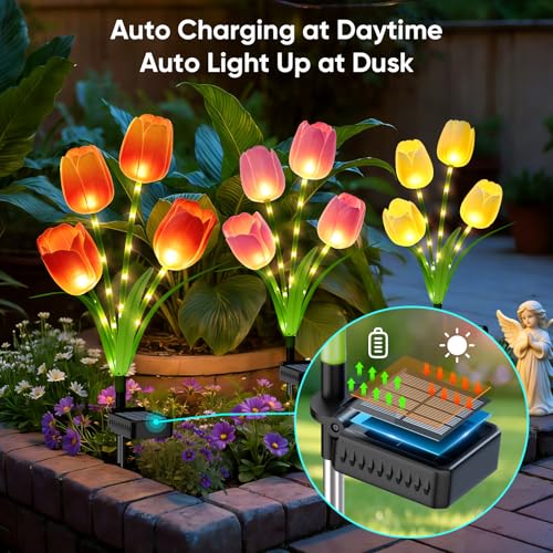 Solar Tulip Lights Outdoor: 3-Pack Solar Flower Garden Lights with Bendable Stems - IP65 Waterproof 800mAh for 12H Lighting - Auto On/Off Garden Decor - Gifts for Mom - Orange Pink Yellow - color: Orange+Pink+Yellow