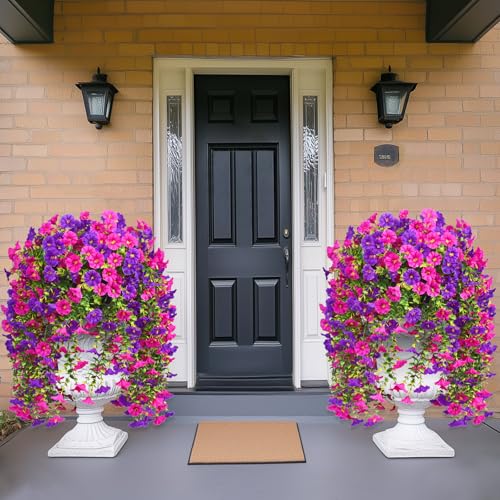 Dolicer 2 Packs Look Real Artificial Flowers for Outdoors, Fake Artificial Hanging Flowers for Outdoors Realistic UV Resistant Hanging Flowers Silk Petunia Faux Flowers for Porch Patio(Purple+Fuchsia) - color: Purple+fuchsia, size: 2 packs
