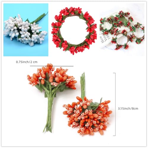 144pcs Artificial Mini Flower Stamen Pistil and Soft Stem, 20mm Tiny Berry for DIY Make Bridal Hair Clips, Cake Top, Wrist Corsage Boutonniere, Candle Rings Wreath Bracelet Flower (Green) - color: Green